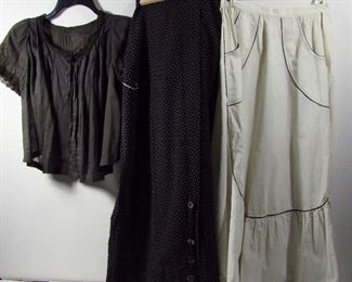 Lot 234   C/1890 3 Pc. Victorian Ladies Clothing Lot. Includes Black Waist-shirt with Lace edging, Black long skirt with pocket and 6 Abalone Buttons and an off-white Sunday Apron with black piping & pockets. Cond: Waist-shirt shows wear and is missing it’s buttons. The skirt has some very small moth holes and the Apron shows no damage.   $75 - $150