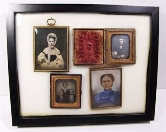 Lot 241   4 Victorian cased photos including 1 cased Daguerreotype, 1 cased tin type, and 2 hand painted female portraits, largest 3 ½” x 4 ½” h., all in a small display case.  Cond:  No damage to images, 1 cased tintype missing case cover.     $100 - $200