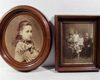 Lot 242   2-C/1880 Walnut framed Victorian Albumen photo portraits includes oval Girl portrait and a Family group, largest 13 ½” x 16” h.  Cond: No damage to photos, minor wear to frames.     $75 - $125