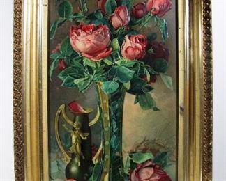 Lot 246   C/1890 Victorian embossed Chromolitho of a still life of Roses in a Victorian gilt frame, 16” x 27 ½” h.  Cond:  No damage to the print, small corner loss to frame. (Bottom RH side).     $75 - $125