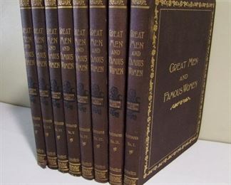 Lot 249   1894 8 volume set “Great Men and Famous Woman", profusely illustrated with engravings, 9 1/2"x12” h. Cond: 2 books of the set have small spine tears (1 on top edge & 1 on bottom edge). Otherwise the rest are excellent cond.   $150 - $250  NOTE: There are lots of Rare Books throughout this Auction!