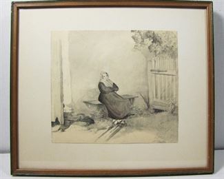 Lot 259   Dated 1893 Original Pencil Sketch of a woman sitting at a garden gate. Signed illegibly in the lower right corner, 8” X 8 ½”h. in a wood frame 14” X 12”h. Cond: No Damage found.   $40 - $80