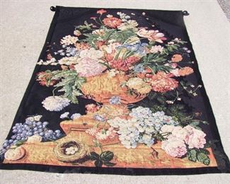 Lot 267   Early 20th C. EuropeanTapestry of a Botanical Still-life, heavy brown cotton backing with slot for hanging rod. 50” X 72”h. Cond: No damage found.  $200 - $350   Note: Includes new Rod &  Brackets for wall mounting!