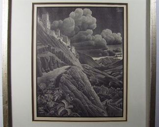 Lot 269   Dated 1930 B&W Litho of an Italian Hillside Settlement by MC Escher (Dutch,1898 –1972) 12” X 15” (sight) in a Silver Gilt frame 19” X 22”. Cond: Minor wear to the frame.   $75 - $100