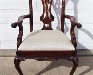 Lot 272   Maitland Smith Hand carved Mahogany Chippendale style arm Chair (Model #8120-41) Cabriole legs with ball and claw feet, 41” h. x 28” w. x 25” deep.  Cond:  No damage found, minor scuffs on feet and one arm.   $250 - $450