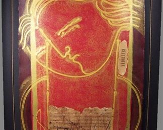 Lot 285   Gaylord Soli (American b. 1939) Lg. Original Mixed Media on Heavy Rag Board “Beethoven”, signed on bottom edge, 29 ½” X 41 ½”h. Open mount on a black linen wrapped frame 38” X 50” h., back has a “Addi Galleries, Maui” foil label. Orig. owner purchased for $1400.00 +  Cond: Slight edge & corner wear to the frame.   $250 - $750