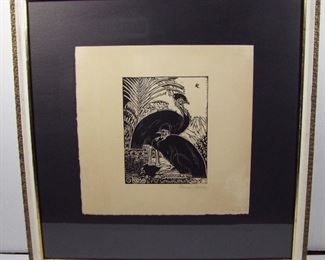 Lot 286   C/1930 Original Wood Engraving of Cassowary birds in a tropical setting. Printed on Laid Buff Paper with an illegible signature in lower right corner. Cond: Light corner creases on left side edge, No other damage.   $75 - $150