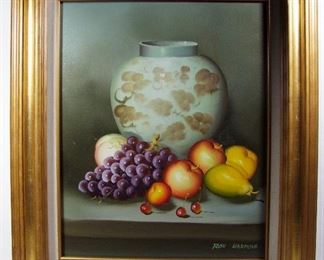 Lot 290   C/1960 Oil on canvas, Fruit still life w/vase, 16” x 20” h. signed Ron Harmone (lower right corner) in a gilt wood frame 23 ½” x 28” h.   Cond:  No damage found.     $75 - $100