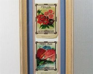 Lot 300   Framed Collection of 4-1916 Chromolitho Seed Packets. (Burt’s Seeds) in a wood frame 7 ½” X 25”h. Cond. No Damage to unused seed packets.   $50 - $75 