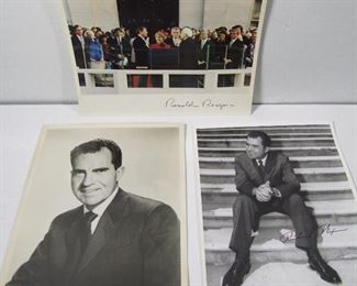 Lot 306   4 Piece Presidential Photo group, includes 2 early 1960s 8 X10's of Richard M. Nixon with auto-pen signatures and a 5X7 portrait of Ronald Regan (unsigned) & a Regan Inauguration photo with auto-pen signature, 8 X 10. Cond: No damage found.   $25 - $50