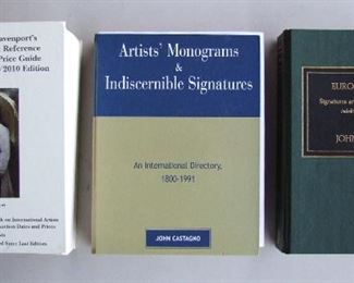 Lot 313   3 Large Art Reference books including:  1991 “Artist Monograms and Indiscernible Signatures” from 1880-1991 by John Castagno.  1990 “European Artist, Signatures and Monograms” from 1880-1990 by John Castagno.  2010 “Davenport’s Art Reference Guide” (320,000 Artists listings).   Note: These books were originally sold for over $200 each.