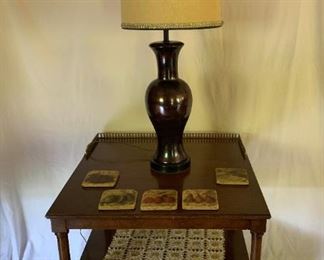 End Table with One Drawer, Table Lamp, Coasters, and Doily