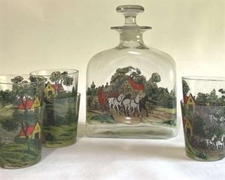 Hand Painted Decanter With Whiskey Glasses