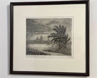 Josef Warkany Etching Into the Main Stream Presents View of Cincinnati Riverfront