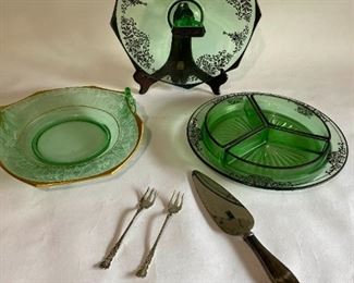 Vintage Green Glassware And Sterling Forks