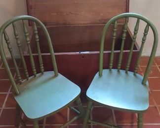Vintage Painted Wooden Toy Chest And Childs Side Chairs