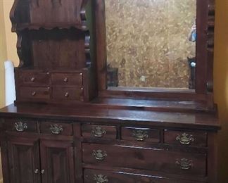 Vintage Stained Pine Dresser With Mirror