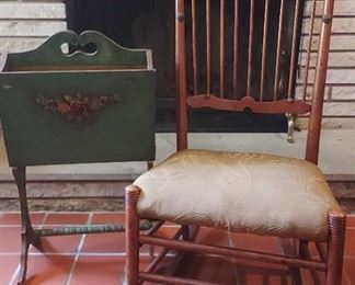 Vintage Upholstered Rocking Chair And Painted Magazine Rack