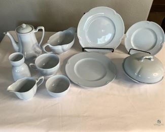 Vintage Greydawn Johnson Bros. powder blue colored china from England. Includes 6" and 8" plates, cups, 6" tea pot, gravy boat and more. Most pieces have crazing, some pieces have chips.
