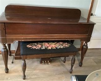 Wood Weaver Verti Mignon piano and bench. Piano H43" x W60" x D25", scuffed/scratches. Bench with embroidered cushion & sheet music under lid H20" x w37" x W16"