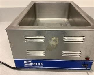 One Seco Products Corp. steamer unit with lid, no inserts, missing a knob, powers on (electrical cord separated from plug). Model# CW-1200, H 9"x W 14.5"x D 22.5".