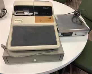 Sharp Cash Register, SN# 7800390Y, no key, H 13"x W 17,5"x D 18". Scale Model# 1s-4100, H 5"x W 14"x D 12".