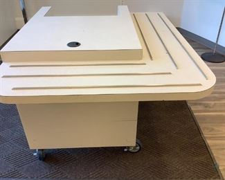 Cashier 2-sided moveable station on castors, has (1) drawer with key, H 34.5X W 40"x D48", used condition.