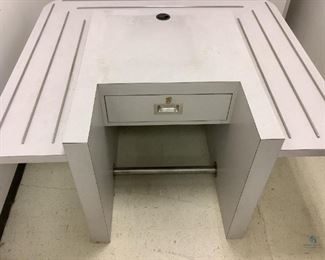 One Cashier 3-sided moveable station with center drawer, comes with key, castor wheels not attached, H 28"x W 52"x D 48"