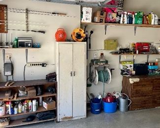 Tools, gardening tools, storage cabinet, cleaning supplies, auto supplies and accessories, yard tools