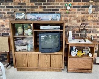 Vintage wood entertainment center, media storage, television stand, tables.