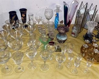 Vintage glass wear, stem ware, glass crystal, wine glasses, shotglasses, vases, bud vases, colored glass, pottery,