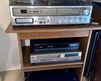 Vintage stereo equipment, record players, 8 track players, 8 tracks, VHS players.
