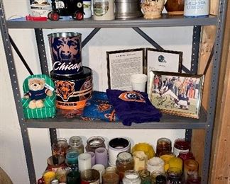 Chicago Bears collectibles, beer steins, candles, vintage barware and collectibles, bowling balls and cases