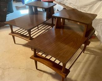 Pair of mid-century wood side tables with matching coffee table