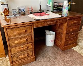 Vintage solid wood filing cabinet desk with custom glass top