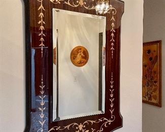 Wood inlay framed beveled mirror