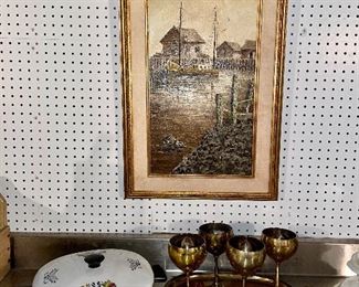 Art, brass chalices and tray