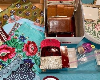 Vintage handkerchiefs, silk scarves, wallets, coin purses, jewelry boxes