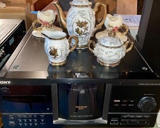 Hall candlestick holders, Antique Tea Set, Sony Stereo CD Changer