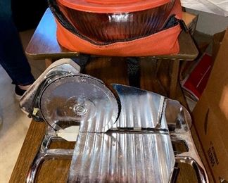 Vintage meat slicer, Pyrex travel bowls