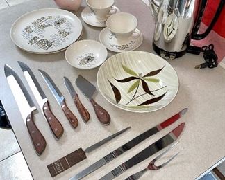 Mid century serving utensils, knife set, bowls, plates, letter opener, coffee pot