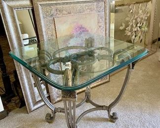 Glass and metal scroll fretwork end table