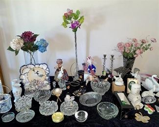 Cut Crystal, ashtrays, Annalees dolls, pewter candlestick holders, vases, flowers, Irish blessings, Capodimonte.