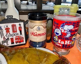 Vintage collectible glassware Hamms Beer plastic beer mug and peanuts glass, London cast iron trivet made in 1950s