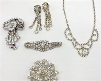 Vintage Rhinestone Jewelry: Necklace, Bracelet, Earrings & 2 Brooches
Lot #: 30