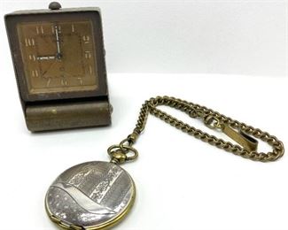 Vintage Le Coultre Swiss Travel Alarm Clock & Gruen Pocket Watch
Lot #: 35