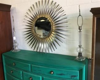 Painted dresser, antique pair of lamps, sun mirror