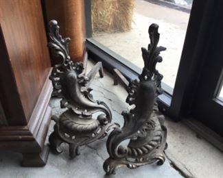 Antique Cast Iron pair of Andirons made by Bennett Company 