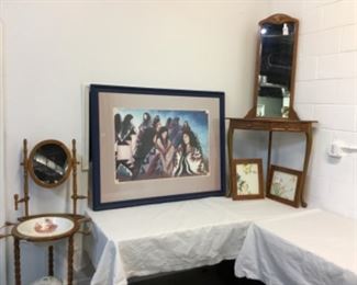 Large framed art, antique washstand, corner stand with mirror