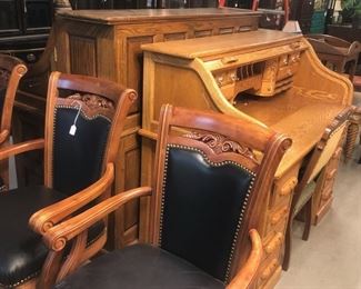 Leather and wood office chairs and Antique desks 
